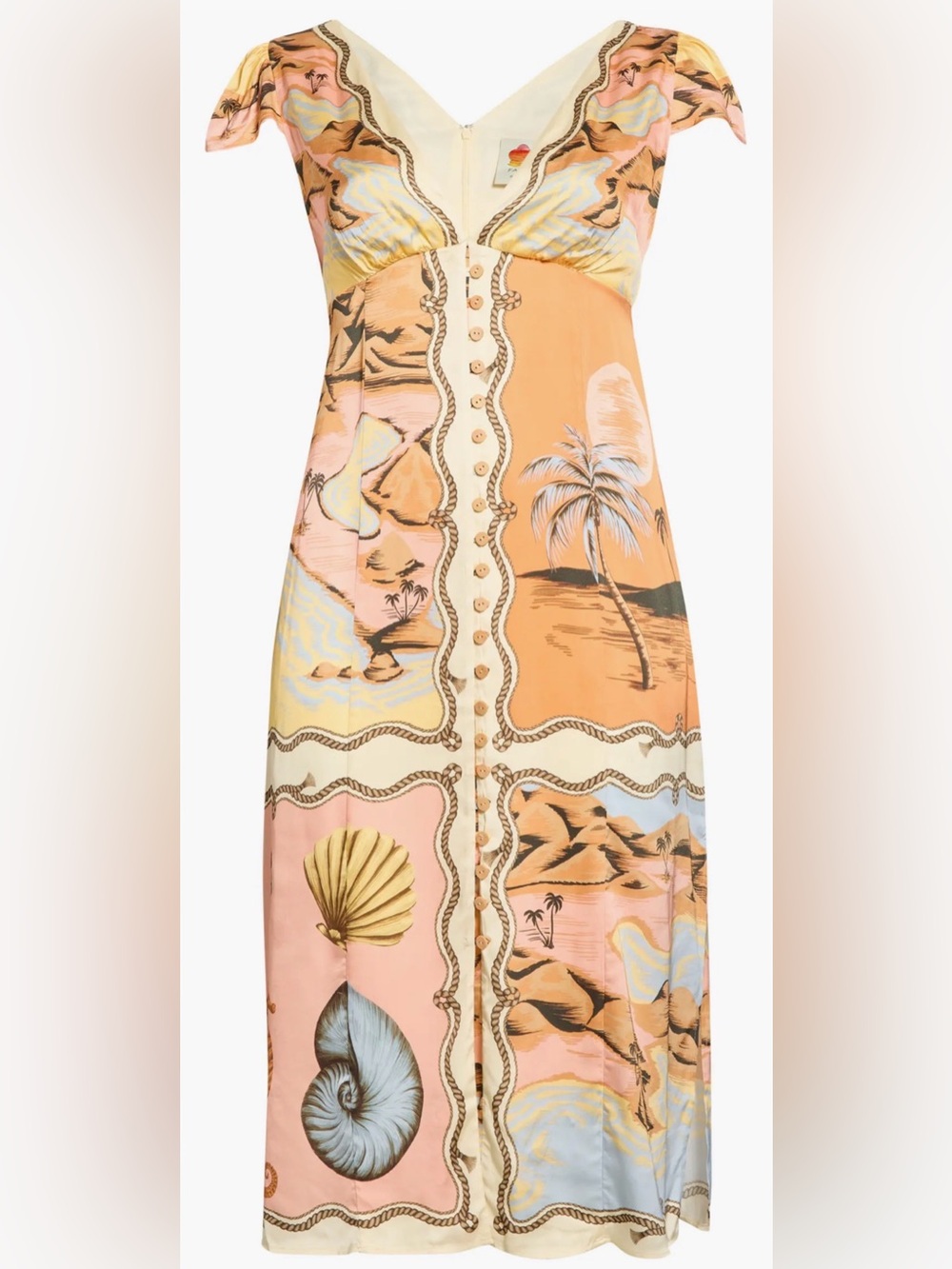 FARM Rio Tropical Shell-Print Midi Dress in Peach, Mustard & Cream - Picture 5 of 7
